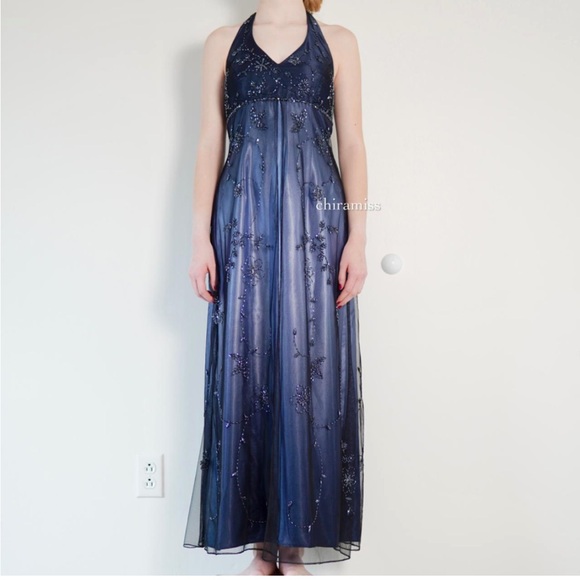 Vintage 90s Y2K Betsy Adam Prom Dress Gown Goth Fairy Beaded Split Mesh  Blue 8